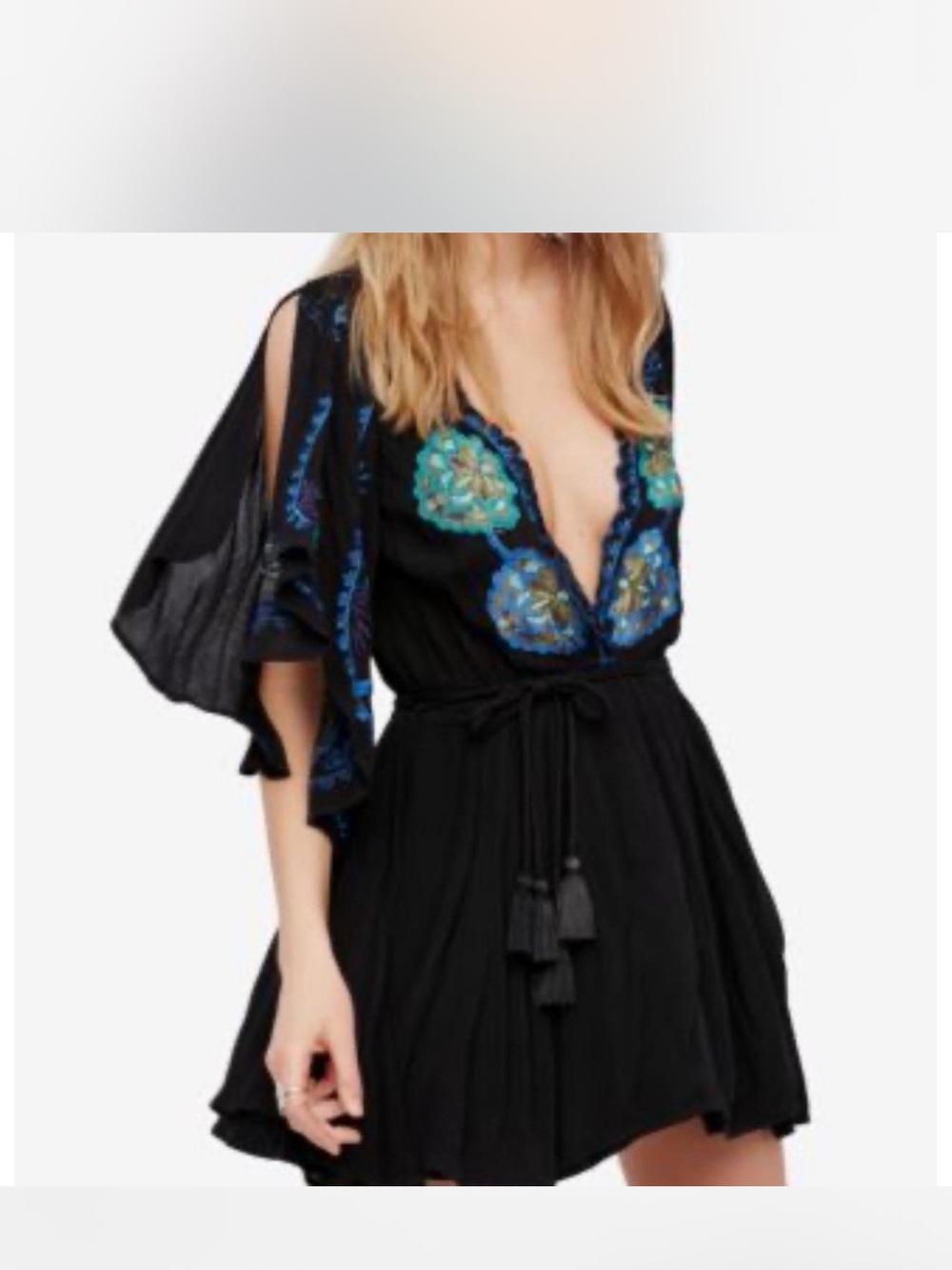 Free People Black Mini Dress with Blue-Green Floral Embroidery